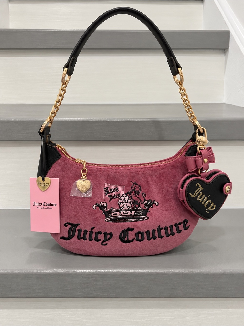🌺Juicy Couture Rose Pink Suede Shoulder Bag with Heart Charm